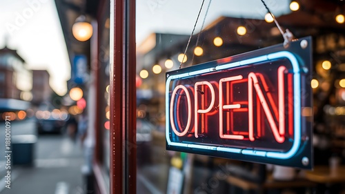 Neon open sign glowing on storefront window during evening city time
