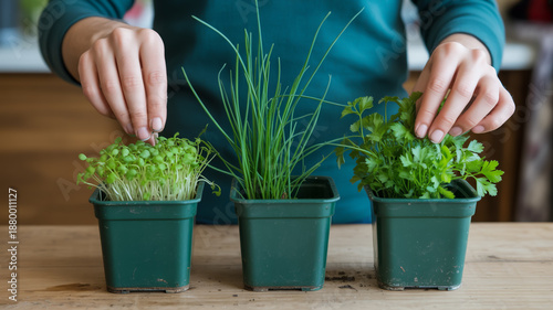Hands tending to three small pots of fresh green herbs on a wooden table