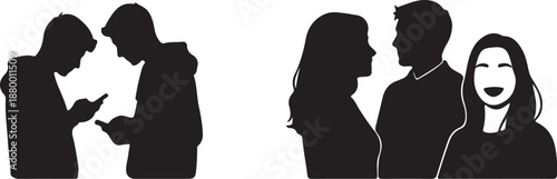 Four Silhouetted People Engaged in Conversation and Using Mobile Devices also transparent background