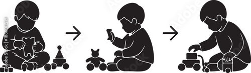 Silhouette of a Child Playing with Different Toys in Three Stages also transparent background sitting