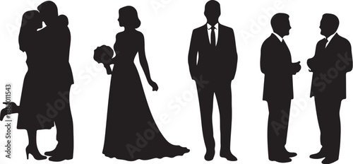 Silhouettes of people in formal attire including a bride and groom embracing and others conversing also transparent background