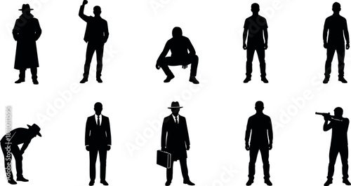 Collection of various male silhouettes in diverse poses including businessman with briefcase mystery agent crouching man and person aiming handgun