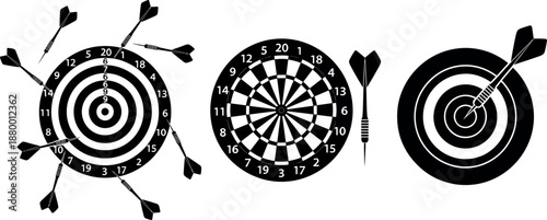 Set of three black and white dartboard illustrations with flying darts showing various levels of accuracy precision and target hitting