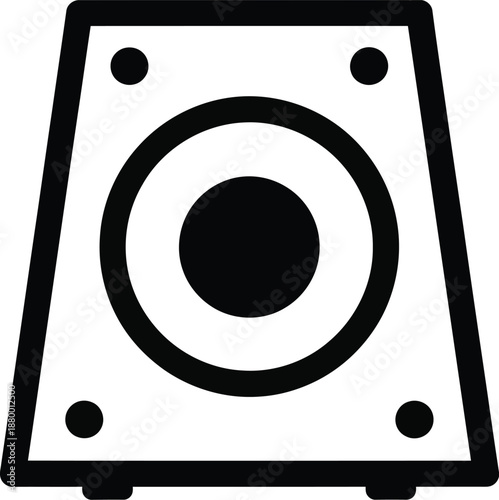 A minimalist black and white icon representing a speaker or subwoofer with a trapezoidal shape
