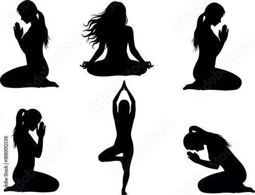 Silhouettes of Women in Yoga Poses and Prayer Positions for Meditation Wellness Mindfulness Spirituality and Inner Peace Vector Illustration Set