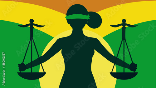 Justice Equality Balance Silhouette Holding Scales at Sunset with Green and Yellow Gradient Background