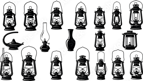 Vintage oil lamp and kerosene lantern vector collection featuring various antique light fixtures for camping, rustic decor, and historical lighting