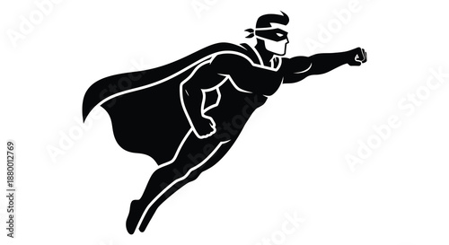 A dynamic depiction of a superhero in flight showcasing a powerful pose and dramatic cape rendered as a striking silhouette
