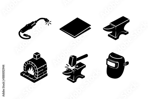 Blacksmithing icons set featuring anvil, forge, and welding tools in simple isometric style
