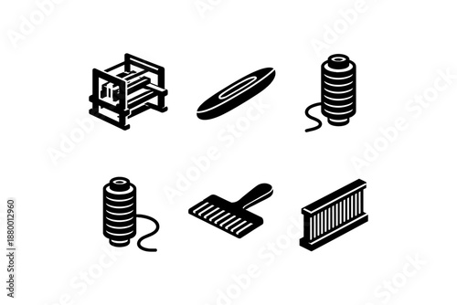 Minimalist textile icons set featuring loom, shuttle, thread, comb, fabric in isometric style