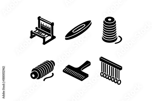 Isometric icons of weaving tools and equipment
