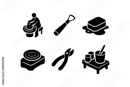 Isometric ceramics crafting icons set: pottery tools, supplies, and art