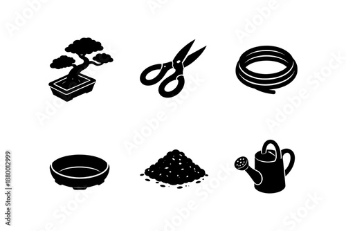 Bonsai gardening kit: essential tools and elements in silhouette design