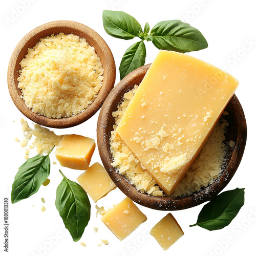 Variety of cheese with basil for culinary presentation