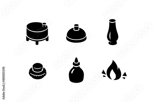 Silhouette icons of distillery equipment and flames on white background
