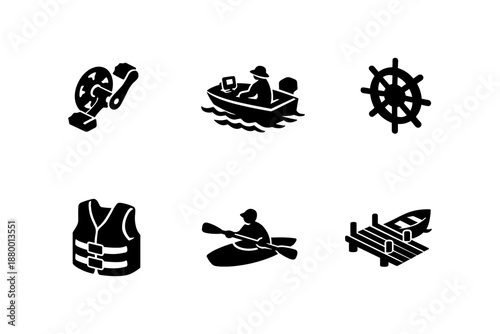Nautical and boating icons: silhouette designs of gear and activities
