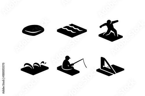 Silhouette symbols of outdoor activities: surfing, fishing, swimming, skipping stones, diving