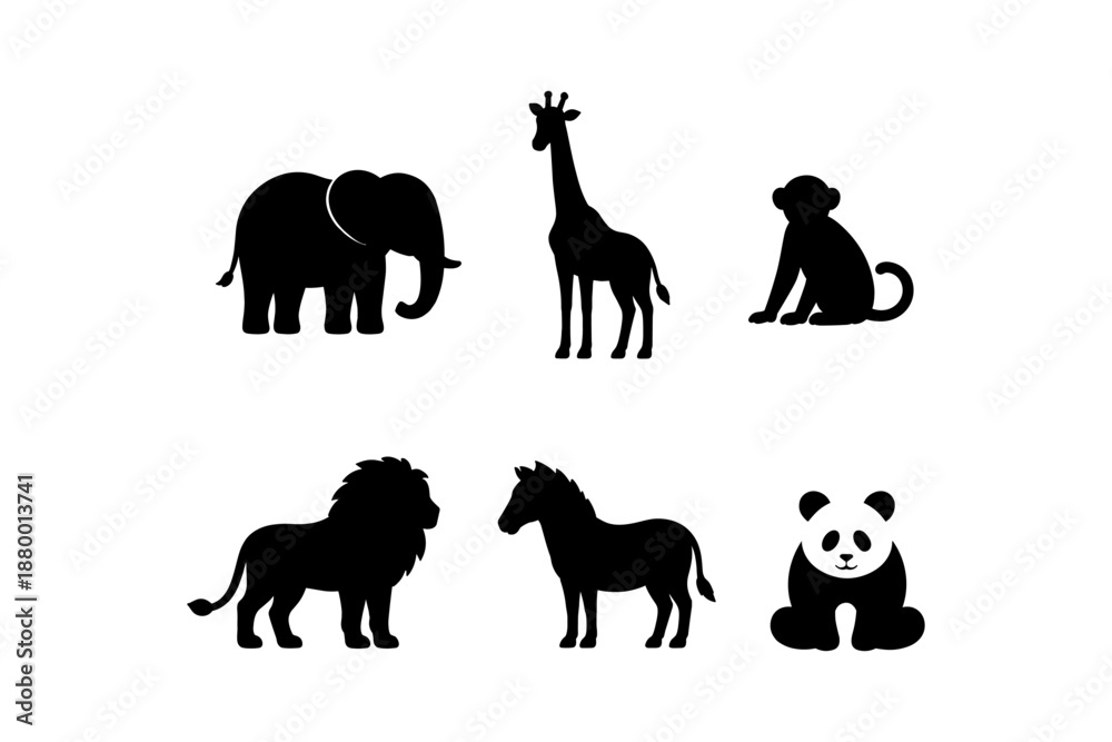 Fototapeta premium Silhouette set of african and asian animals in simple black design