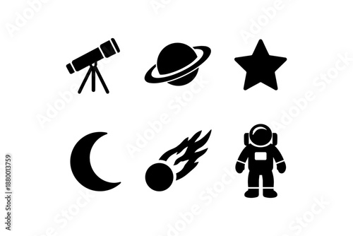 Space exploration icons: telescope, planets, astronaut, and celestial symbols in silhouette style