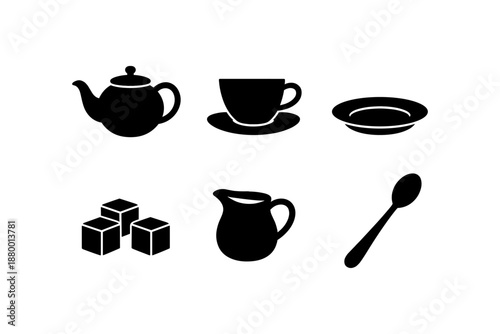 Tea set silhouette: teapot, cup, saucer, sugar, creamer, spoon icons
