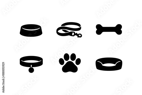 Essential pet accessories silhouette: bowls, collars, leashes, and toys for dogs and cats