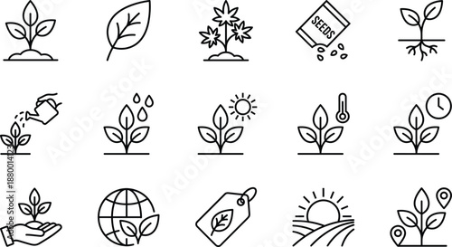 Black And White Vector Icon Set Of Plant Growth Featuring Seeds Sprouting Leaves Watering Sunlight Temperature Soil Roots Global Ecology And Agriculture Symbols