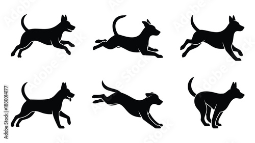 Dog silhouettes vector set isolated on white background, running and playing canine shapes in black