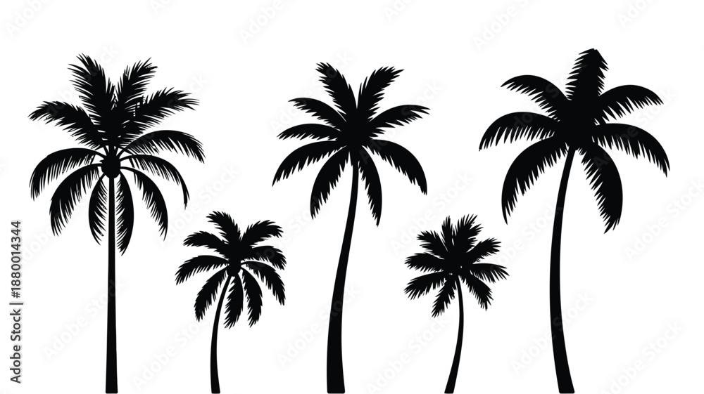 Obraz premium Palm tree silhouettes vector set isolated on white background, tropical summer nature icons