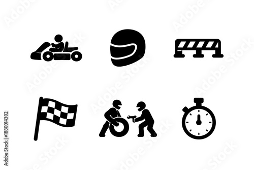 Silhouette racing icons: go-kart, helmet, barrier, checkered flag, pit crew, stopwatch