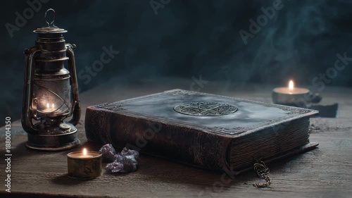 4K Ancient grimoire, vintage oil lamp, lit candles, and amethyst crystals on a wooden table in a smoky, mystical setting video
