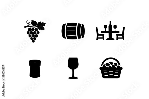 Wine themed silhouette icons of grapes, barrel, table, cork, glass, and basket