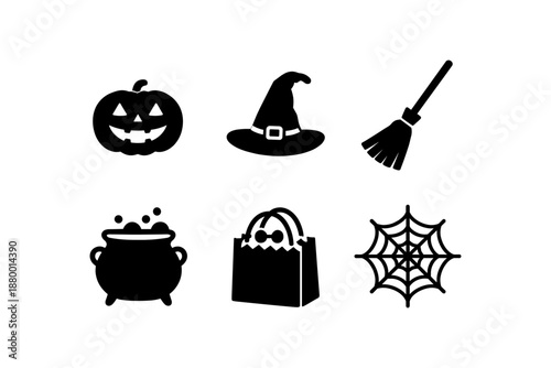 Halloween icons: pumpkin, witch hat, broom, cauldron, bag, spider web in silhouette style