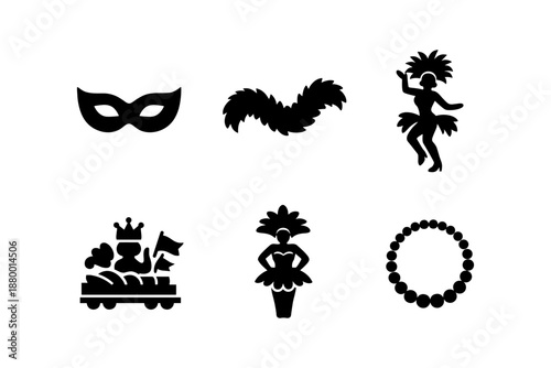 Carnival silhouette icons: masks, dancers, floats, and beads