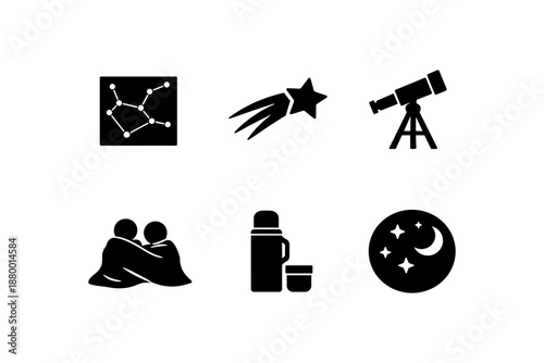 Silhouette icons of astronomy: constellation map, shooting star, telescope, stargazing, thermos, and moon