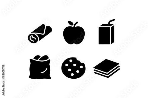Silhouette icons of snacks: sandwich, apple, juice, chips, cookie, crackers