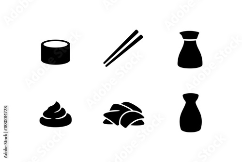 Minimalist sushi icons: roll, chopsticks, soy sauce, wasabi, ginger