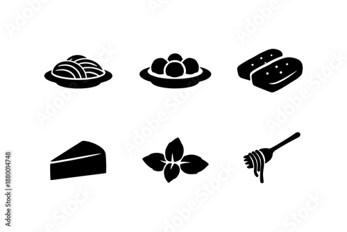 Silhouette icons of popular foods: pasta, bread, cheese, basil, honey
