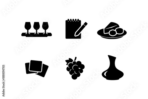 Wine tasting icons: silhouettes of glasses, notebook, cheese, grapes, and decanter