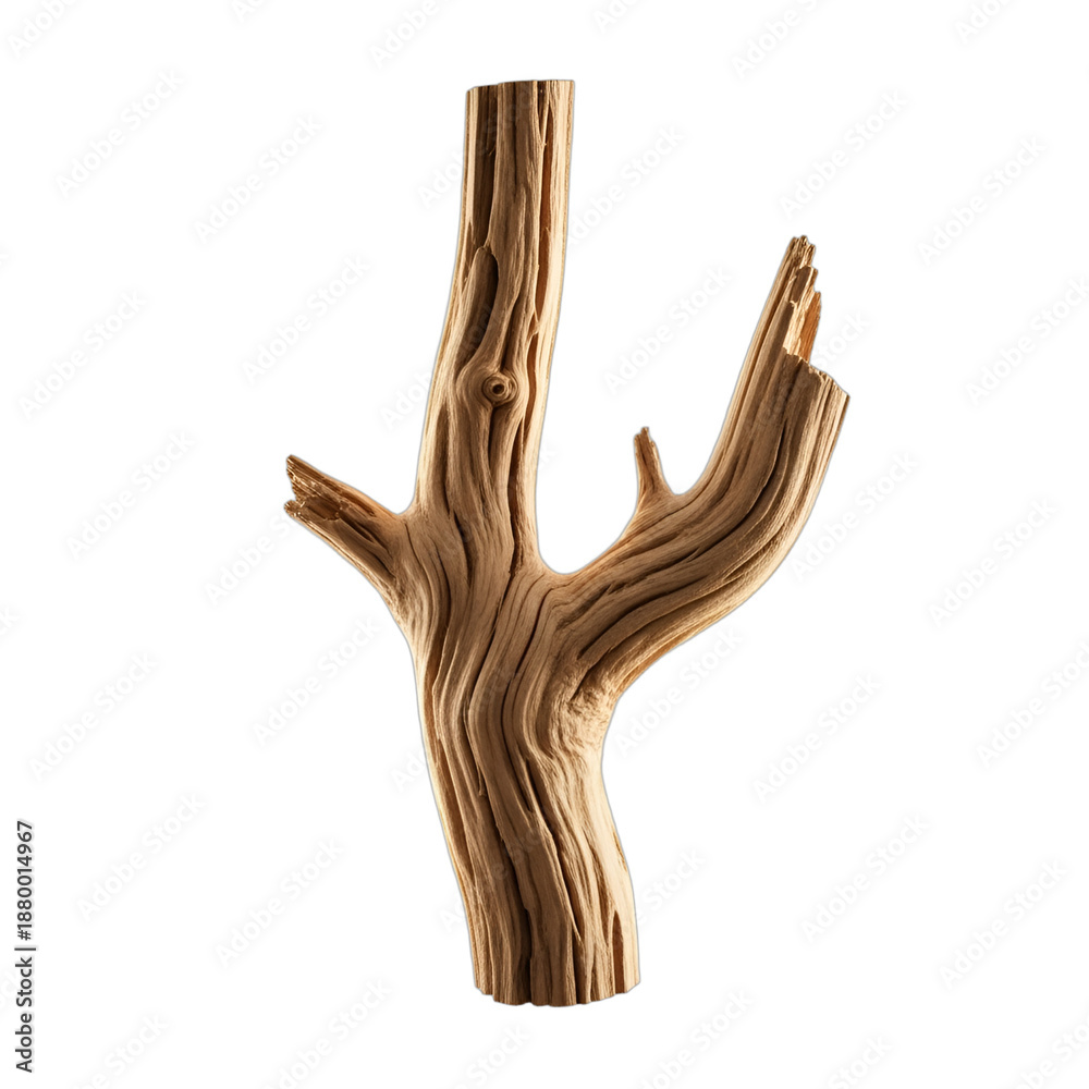 Obraz premium Gnarled, textured natural wooden branch, light brown, isolated on transparent background. Crisp contours, sharp focus on wood grain for rustic, organic designs. Perfect for nature-inspired branding,