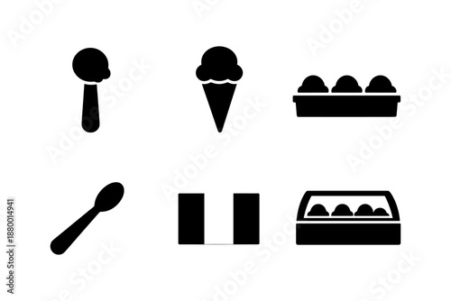 Minimalist ice cream icons set featuring cones and parlor elements in black and white silhouette