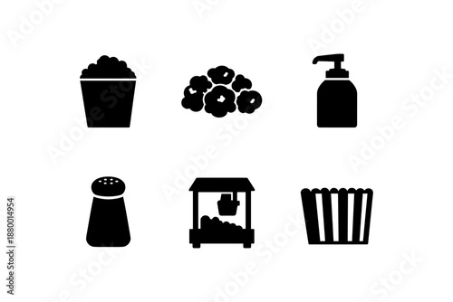 Popcorn and snack icons set: silhouette salt, popcorn, dispenser