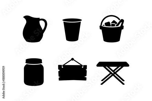 Kitchen silhouettes: classic pitcher, glass, ice bucket, jar, sign, table set