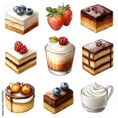 Various dessert icons collection on transparent background
