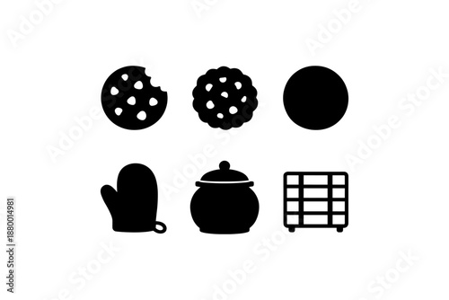 Baking icons: cookies, oven mitt, pot, cooling rack in silhouette style