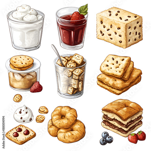 Various food illustration dessert icons and dairy items