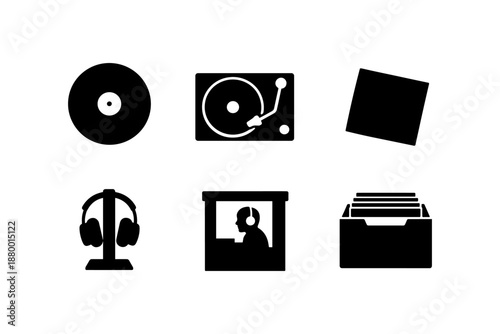 Retro music icon set with vinyl, turntable, and dj booth silhouettes