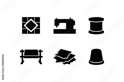 Sewing and quilting icons collection in minimalist black silhouette style