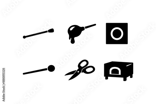 Set of essential black silhouette icons including scissors, paintbrush, and tape dispenser
