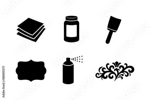 Stencil crafting essentials: paint, spray, spatula, and decorative elements in silhouette style