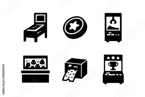 Arcade game icons set featuring pinball, claw machine, and prize box in silhouette style